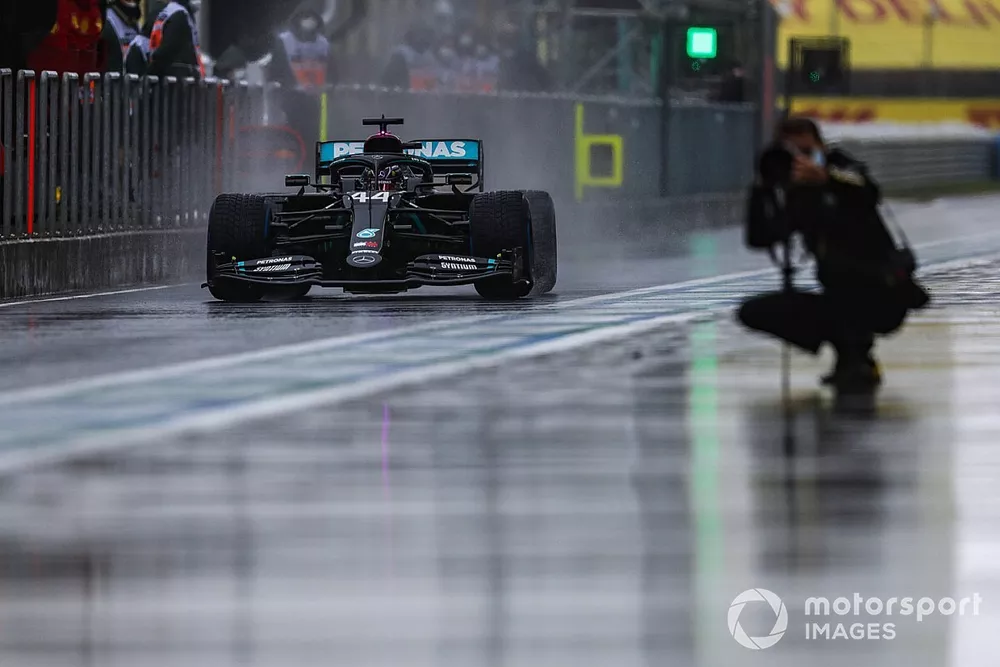 Lewis Hamilton, Mercedes F1 W11, in the pit lane