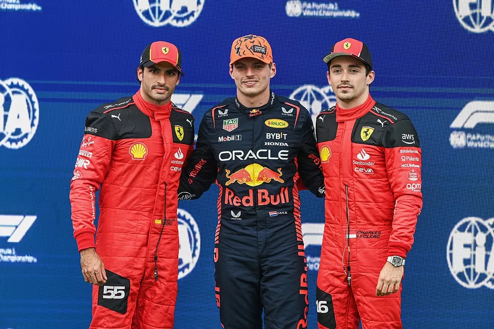Top three qualifiers Carlos Sainz, Scuderia Ferrari, pole man Max Verstappen, Red Bull Racing, Charles Leclerc, Scuderia Ferrari