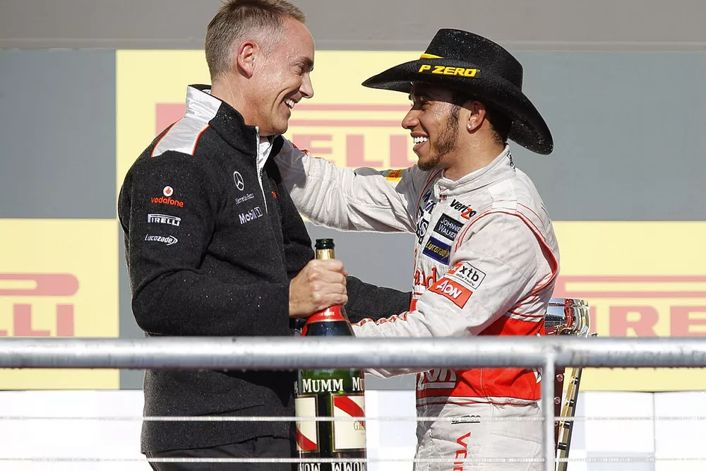 Podium: Martin Whitmarsh, Team Principal, McLaren, and race winner Lewis Hamilton, McLaren