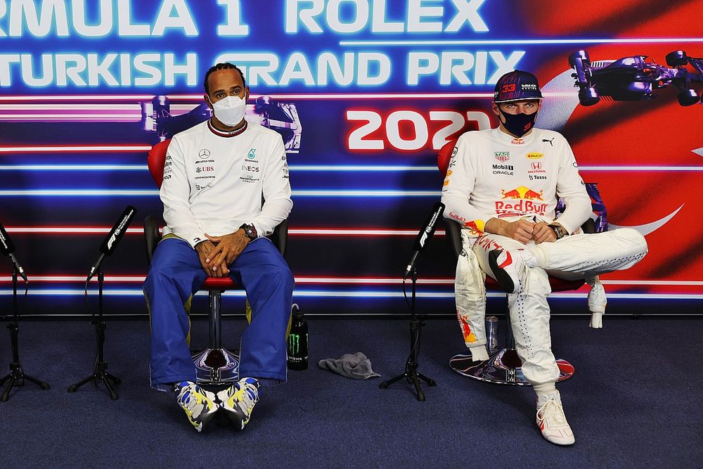 Valtteri Bottas, Mercedes, Pole Sitter Lewis Hamilton, Mercedes and Max Verstappen, Red Bull Racing in the Press Conference