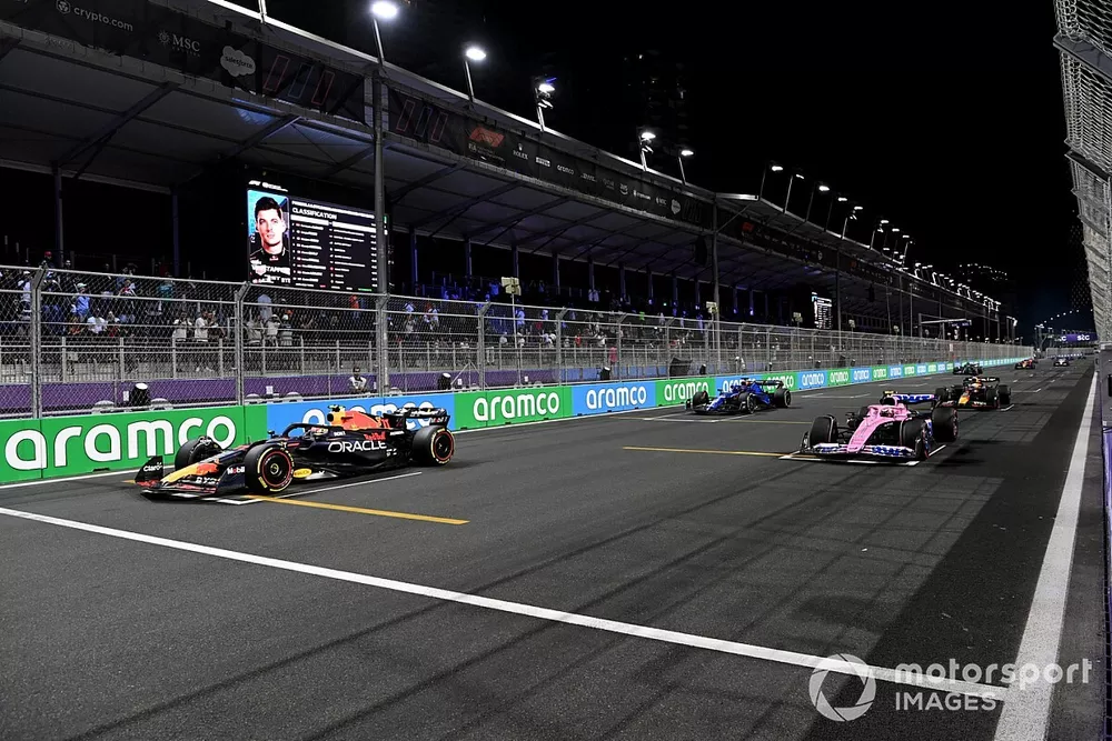 Sergio Perez, Red Bull Racing RB19, Pierre Gasly, Alpine A523, Alex Albon, Williams FW45, Max Verstappen, Red Bull Racing RB19, practice their start procedures at the end of FP2