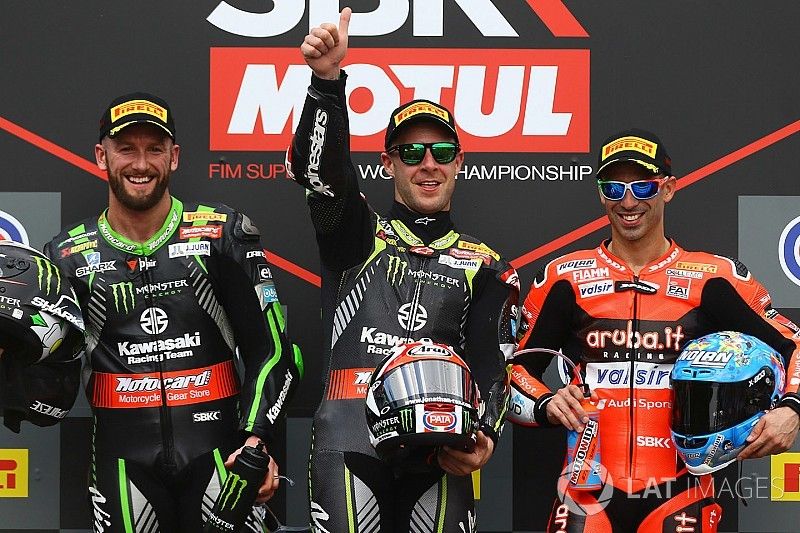 Podium: race winner Jonathan Rea, Kawasaki Racing, second place Tom Sykes, Kawasaki Racing, third place Marco Melandri, Aruba.it Racing-Ducati SBK Team