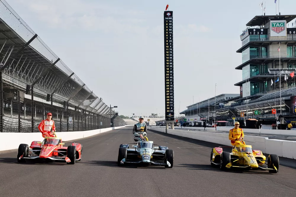 Front row for 2026 Indy 500 (from left to right): David Malukas, No. 12 Team Penske Chevrolet; Alexander Rossi, No. 20 ECR Chevrolet; Alex Palou, No. 10 Chip Ganassi Racing Honda