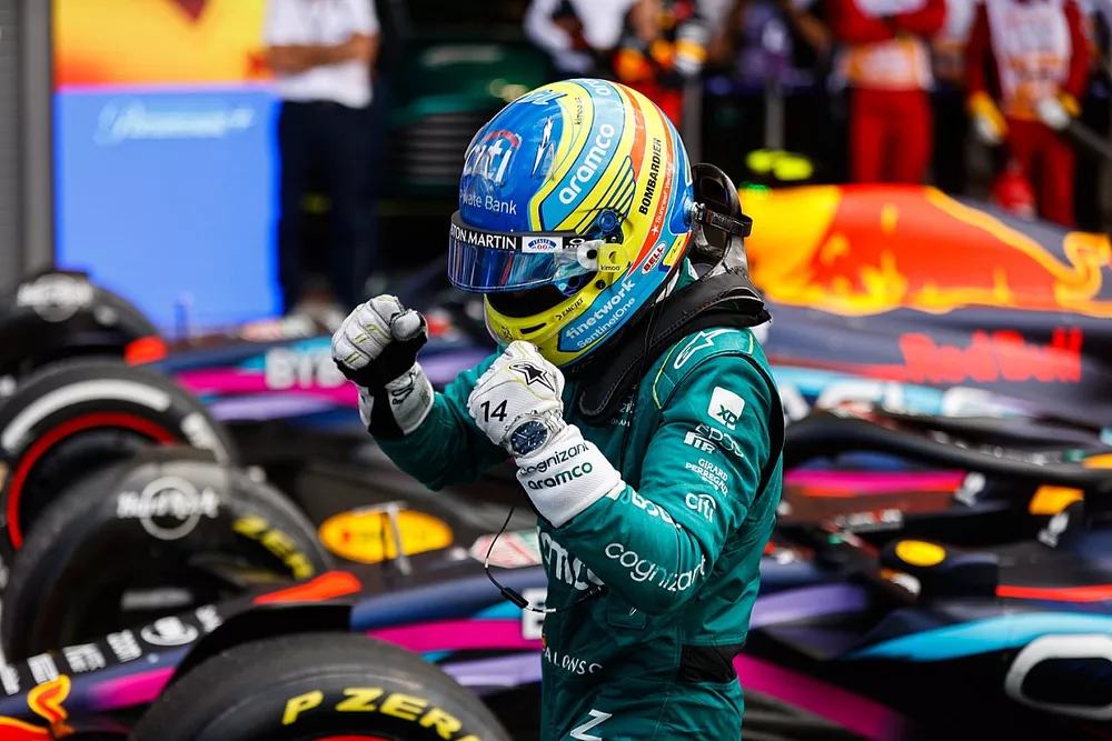 Fernando Alonso, Aston Martin F1 Team, 3rd position, celebrates on arrival in Parc Ferme