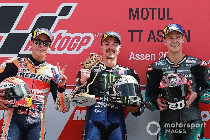 Podio: ganador de la carrera Maverick Viñales, Yamaha Factory Racing, segundo lugar Marc Marquez, Repsol Honda Team, tercer lugar Fabio Quartararo, Petronas Yamaha SRT