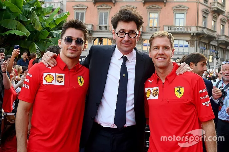 Charles Leclerc, Ferrari, Sebastian Vettel, Ferrari, Mattia Binotto, Team Principal Ferrari  