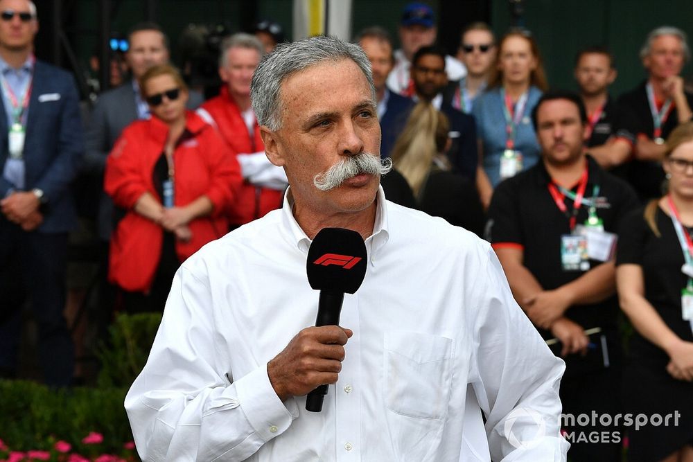 Chase Carey, Chairman, Formula 1 talks to the press