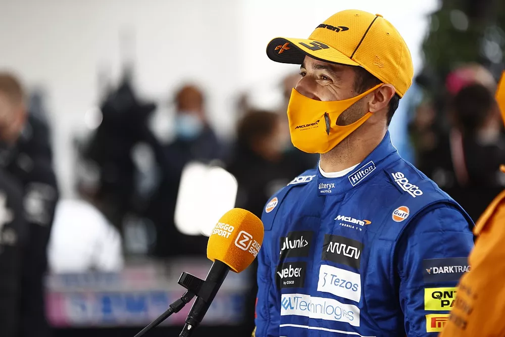 Daniel Ricciardo, McLaren, is interviewed after the race