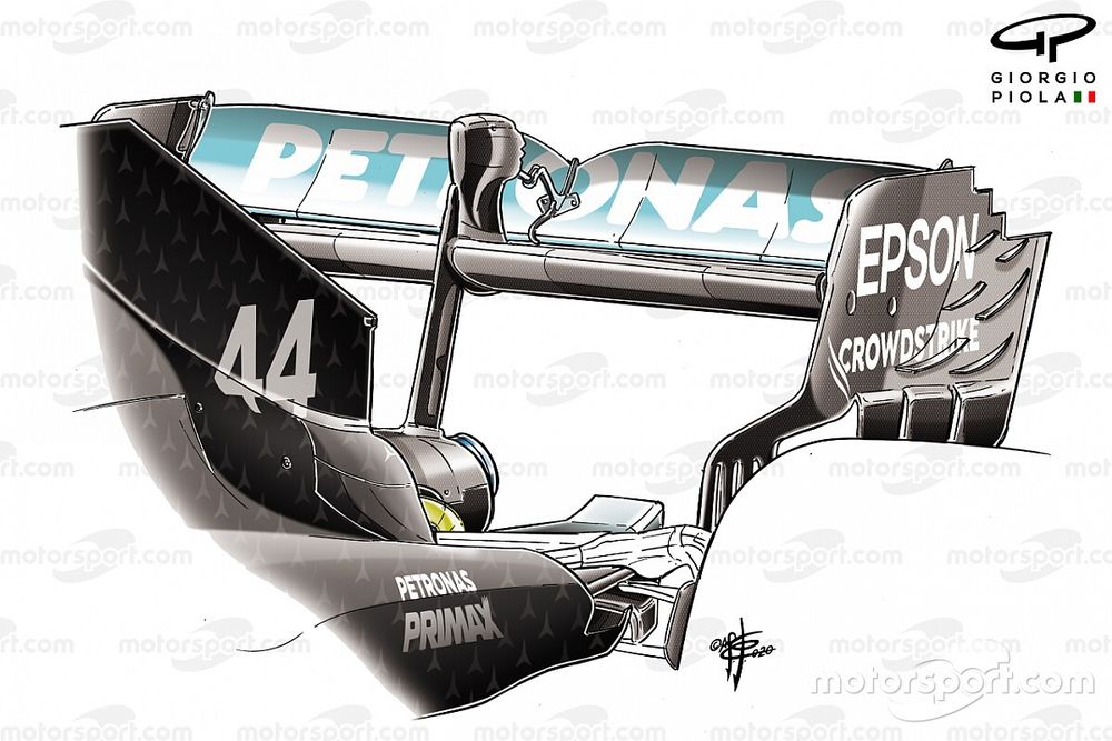 Detalle del alerón trasero del Mercedes F1 W11 en el GP británico
