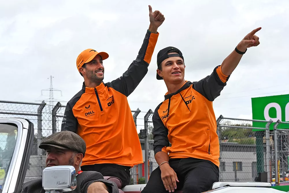 Lando Norris, McLaren, Daniel Ricciardo, McLaren, on the drivers' parade