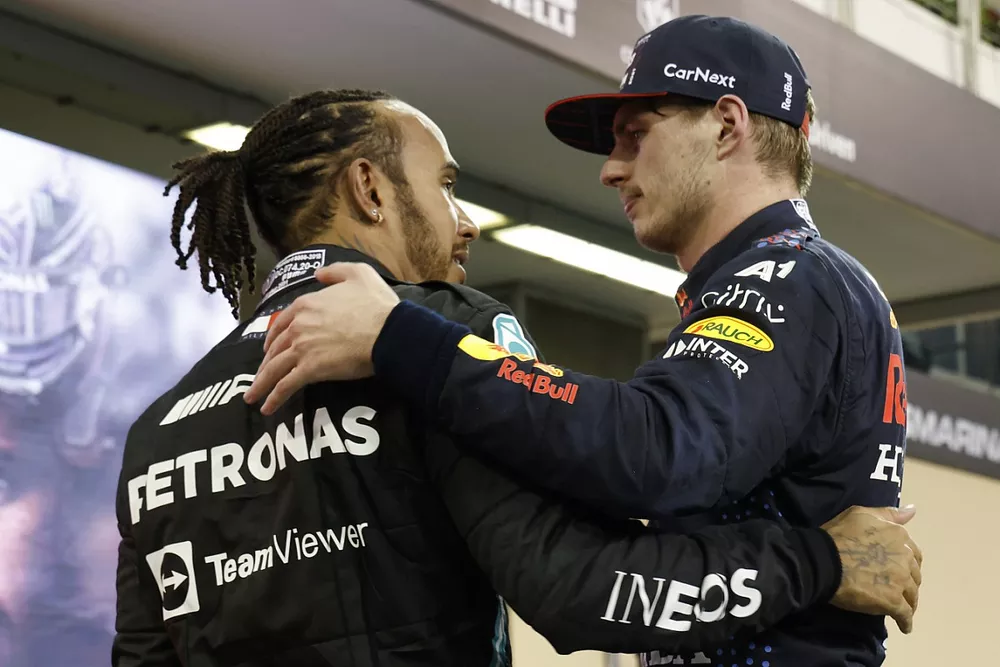 Lewis Hamilton, Mercedes, 2nd position, Max Verstappen, Red Bull Racing, 1st position, congratulate each other in Parc Ferme