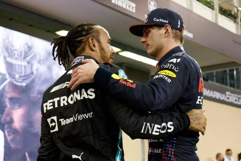 Lewis Hamilton, Mercedes, 2nd position, Max Verstappen, Red Bull Racing, 1st position, congratulate each other in Parc Ferme