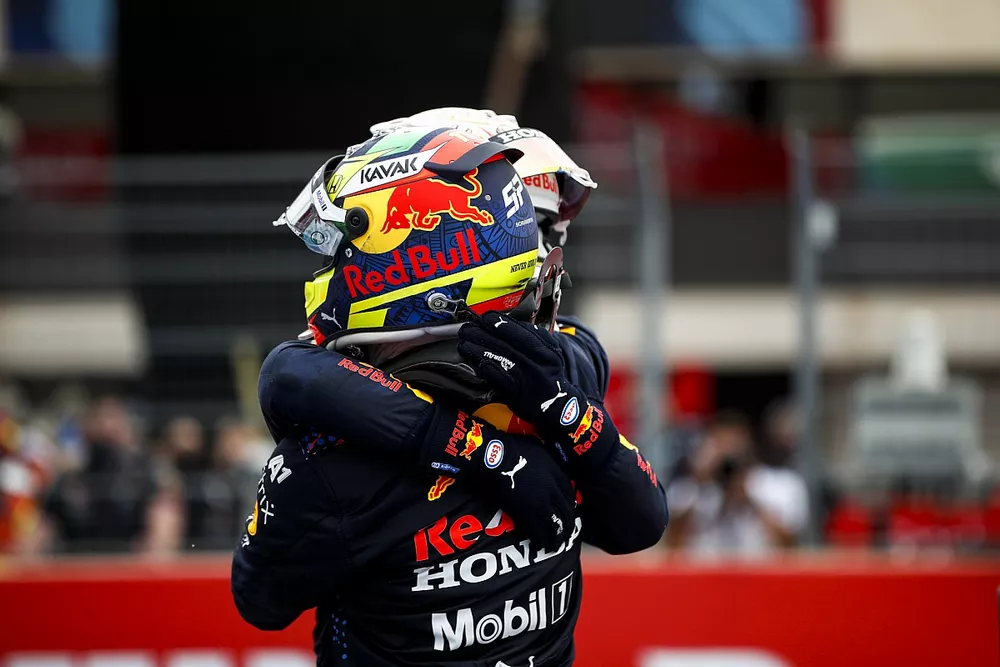 Max Verstappen, Red Bull Racing, 1st position, and Sergio Perez, Red Bull Racing, 3rd position, celebrate in Parc Ferme