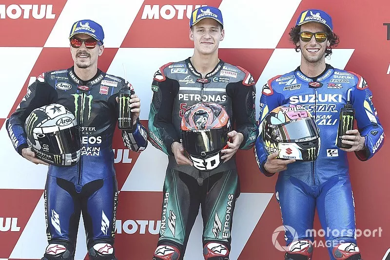 Pole sitter Fabio Quartararo, Petronas Yamaha SRT, second place Maverick Vinales, Yamaha Factory Racing, third place Alex Rins, Team Suzuki MotoGP