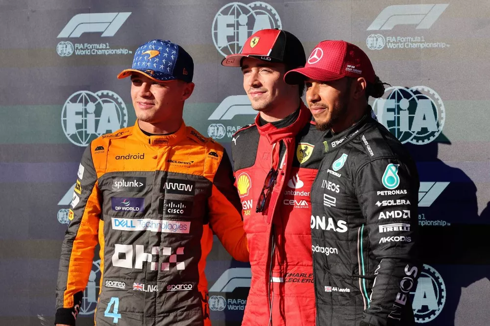 Top three Qualifiers Lando Norris, McLaren, pole man Charles Leclerc, Scuderia Ferrari, Lewis Hamilton, Mercedes-AMG
