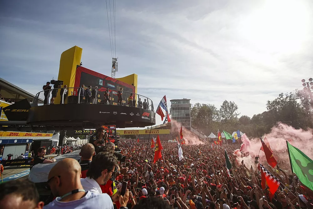 Sergio Perez, Red Bull Racing, 2nd position, Max Verstappen, Red Bull Racing, 1st position, Carlos Sainz, Scuderia Ferrari, 3rd position, on the podium