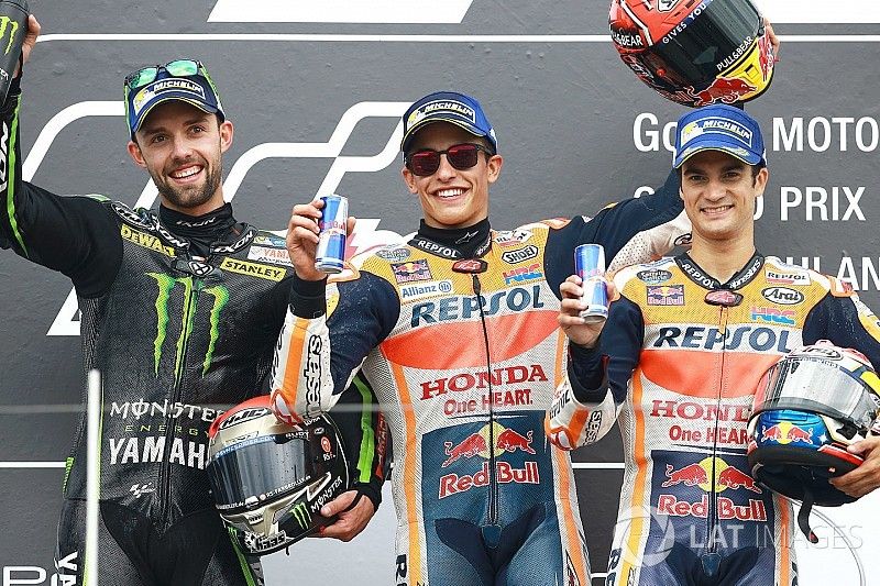 Podium: Ganador, Marc Márquez, Repsol Honda Team, segundo, Jonas Folger, Monster Yamaha Tech 3, tercero, Dani Pedrosa, Repsol Honda Team