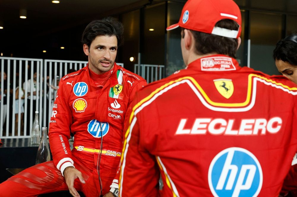 Carlos Sainz, Scuderia Ferrari, 2nd position, Charles Leclerc, Scuderia Ferrari, 3rd position, talk after the race