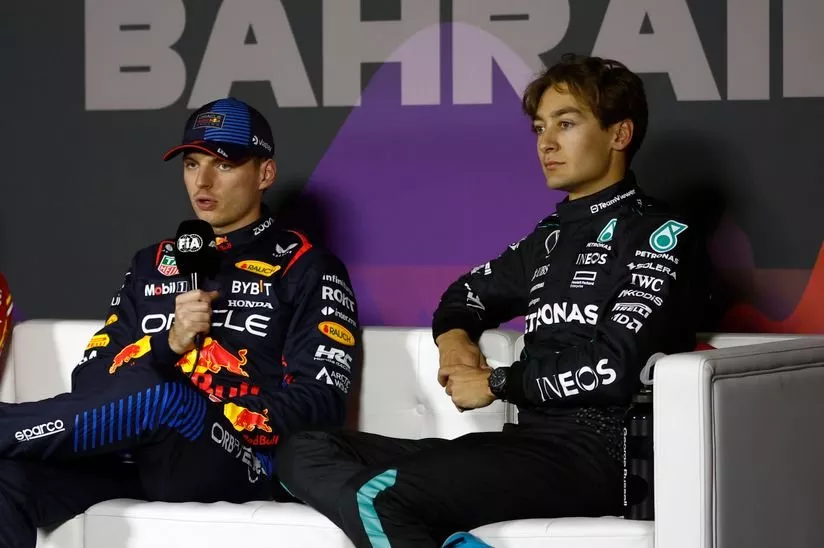 Charles Leclerc, Scuderia Ferrari, pole man Max Verstappen, Red Bull Racing, George Russell, Mercedes-AMG F1 Team, in the post Qualifying Press Conference
