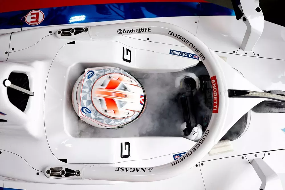 Smoke from dry ice comes out of the cockpit of the car of Jake Dennis , Andretti Formula E as he prepares to go out on track