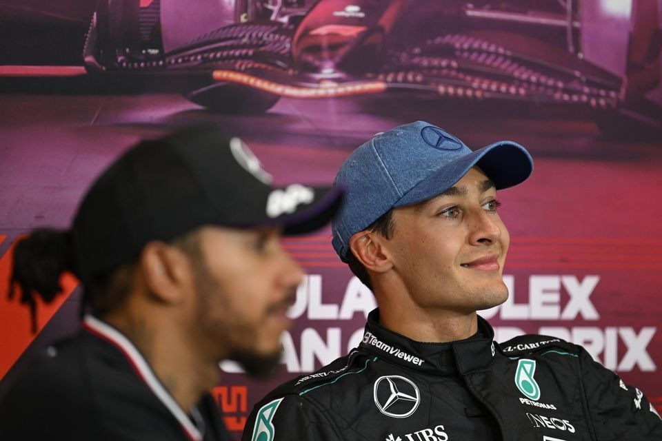 George Russell, Mercedes-AMG F1 Team, 1st position, Lewis Hamilton, Mercedes-AMG F1 Team, 2nd position, in the the post race press conference 