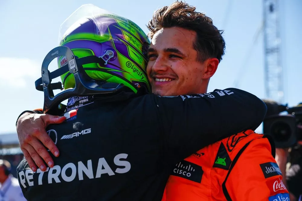 Race winner Lewis Hamilton, Mercedes-AMG F1 Team, celebrates in parc ferme with Lando Norris, McLaren F1 Team