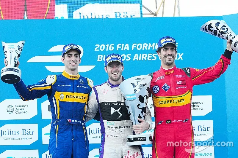 Sam Bird, S&eacute;bastien Buemi, Lucas di Grassi, il podio