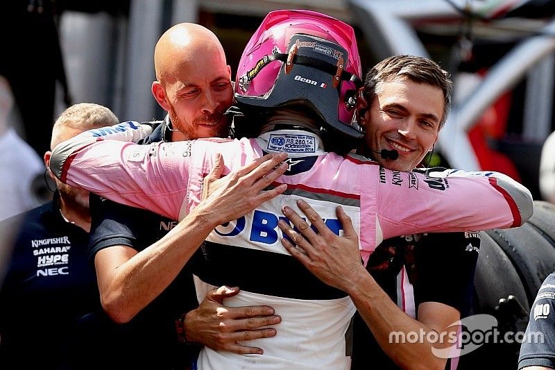 Esteban Ocon, Force India F1 celebrates in parc ferme