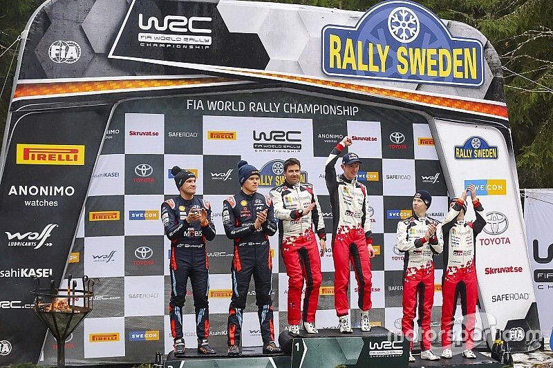 Podium: Winner Elfyn Evans, Scott Martin, Toyota Gazoo Racing WRT Toyota Yaris WRC, second place Ott T&auml;nak, Martin J&auml;rveoja, Hyundai Motorsport Hyundai i20 Coupe WRC, third place Kalle Rovanper&auml;, Jonne Halttunen, Toyota Gazoo Racing WRT Toyota Yaris WRC