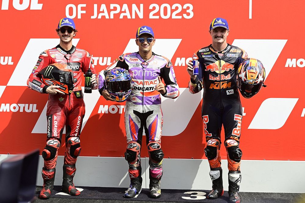 Top3 clasificados: Francesco Bagnaia, Ducati Team, ganaor de la pole Jorge Martin, Pramac Racing, Jack Miller, Red Bull KTM Factory Racing