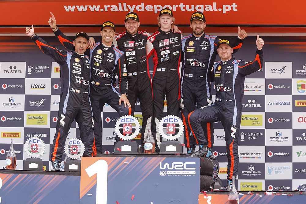 Podium: Winner Kalle Rovanper&auml;, Jonne Halttunen, Toyota Gazoo Racing WRT Toyota GR Yaris Rally1, second place Dani Sordo, Candido Carrera, Hyundai World Rally Team Hyundai i20 N Rally1, third place Esapekka Lappi, Janne Ferm, Hyundai World Rally Team Hyundai i20 N Rally1
