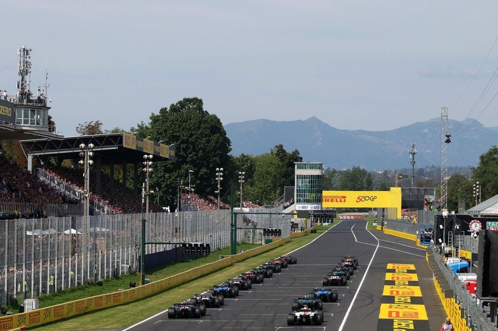 Cars line up on the grid ahead of the race start.