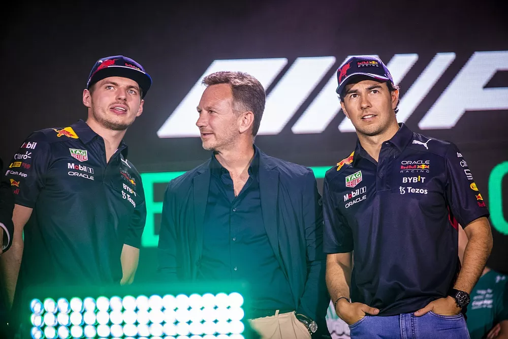 Max Verstappen, Red Bull Racing, Christian Horner, Team Principal, Red Bull Racing, Sergio Perez, Red Bull Racing 