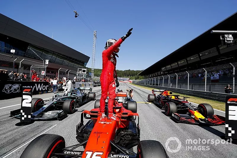 Pole Sitter Charles Leclerc, Ferrari celebrates in Parc Ferme 