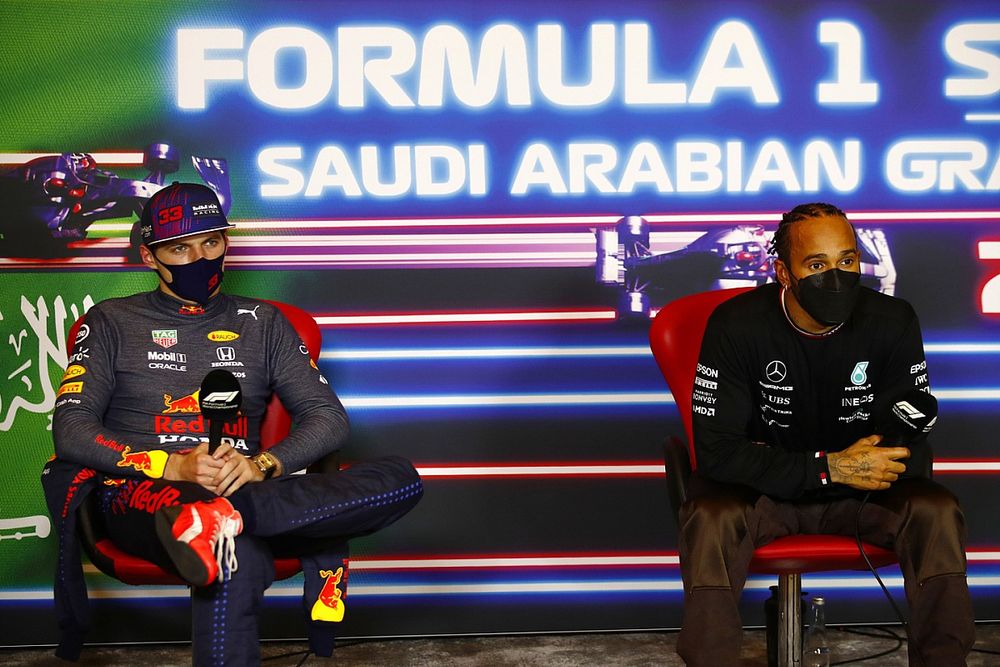 Max Verstappen, Red Bull Racing, 2nd position, and Lewis Hamilton, Mercedes, 1st position, in the press conference