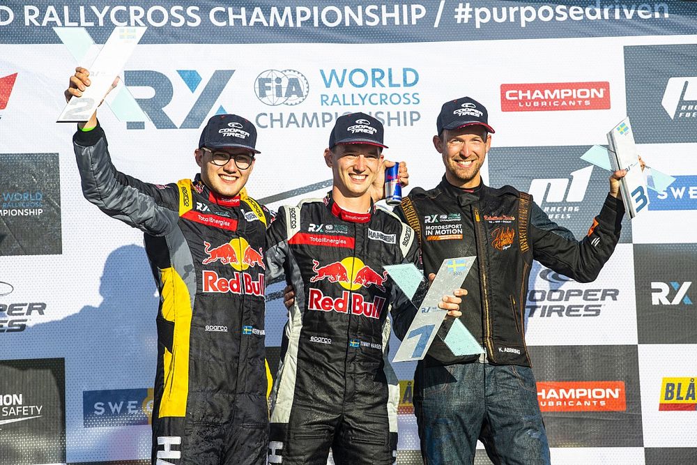 Podium: Winner Timmy Hansen, Hansen World RX Team Peugeot 208, second place Kevin Hansen, Hansen World RX Team Peugeot 208, third place Kevin Abbring, Unkorrupted Renault M&eacute;gane RS