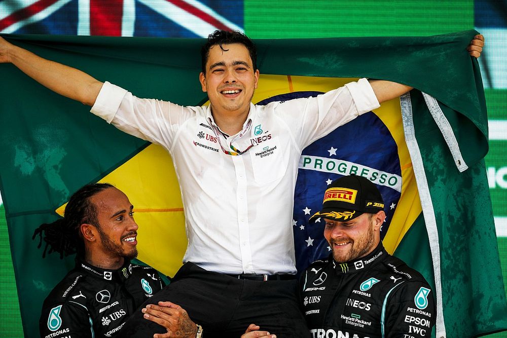 Lewis Hamilton, Mercedes, 1st position, and Valtteri Bottas, Mercedes, 3rd position, celebrate on the podium with their team mate