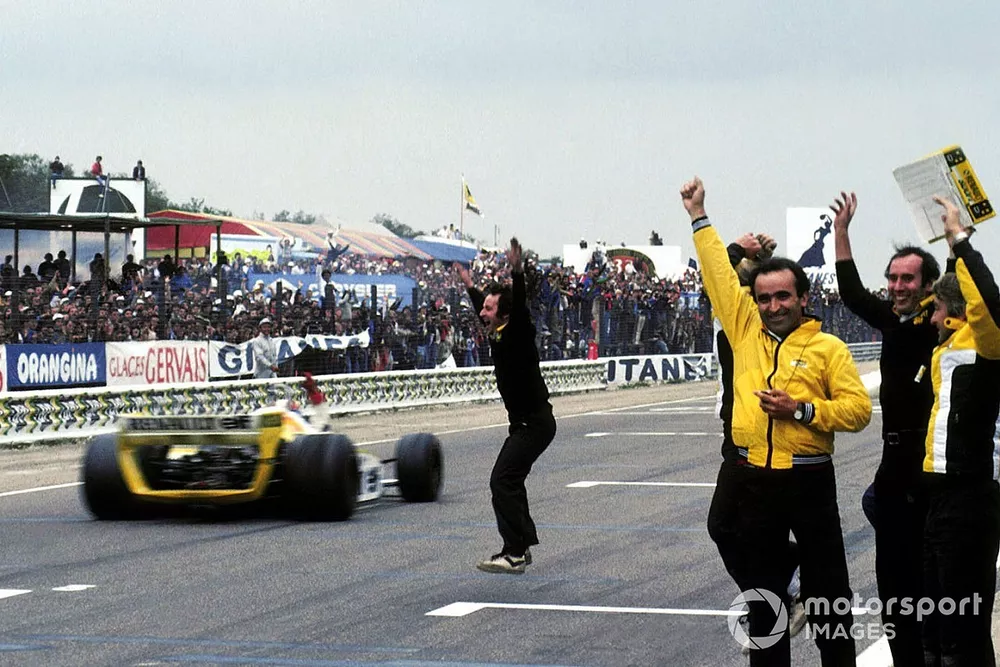 The Renault team including Jean Sage, Renault Team Chief, celebrate Jean Pierre Jabouille's first win and their first Grand Prix victory