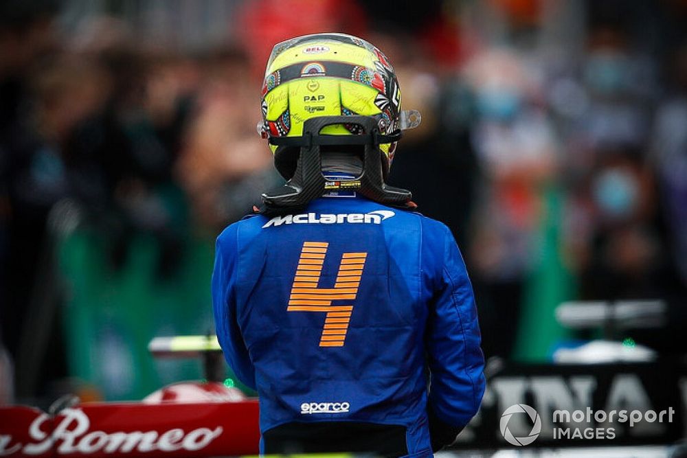 Lando Norris, McLaren MCL35, in parc ferme after the race