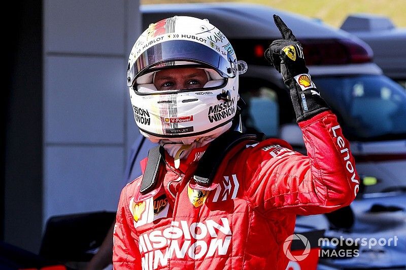 Pole Sitter Sebastian Vettel, Ferrari celebrates in Parc Ferme 