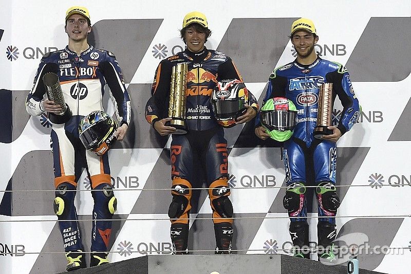 Podio: ganador de la carrera Tetsuta Nagashima, Red Bull KTM Ajo, segundo lugar Lorenzo Baldassarri, Pons HP40, tercer lugar Enea Bastianini, Italtrans Racing Team



