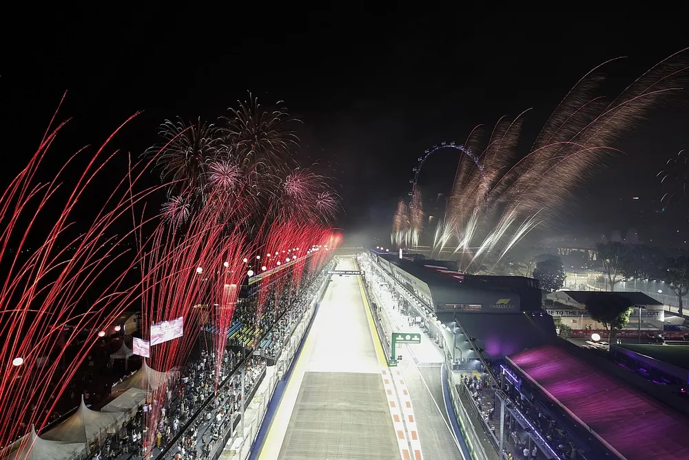 Fireworks light the sky at the end of the race