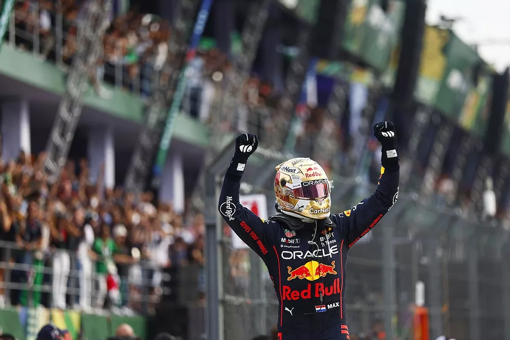 Max Verstappen, Red Bull Racing, 1st position, celebrates on arrival in Parc Ferme