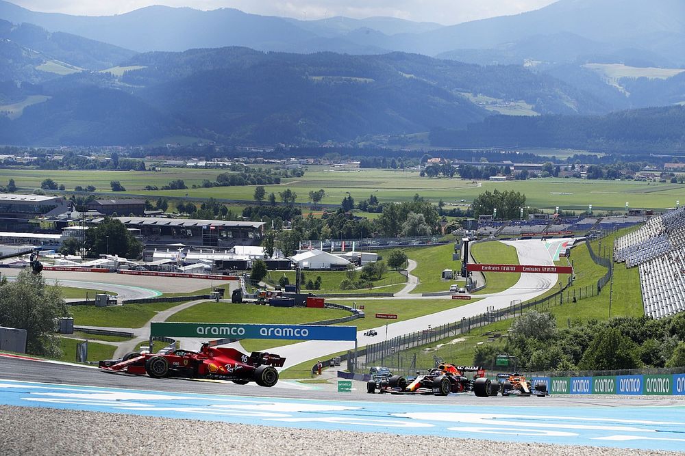Charles Leclerc, Ferrari SF21, Sergio Perez, Red Bull Racing RB16B, and Daniel Ricciardo, McLaren MCL35M