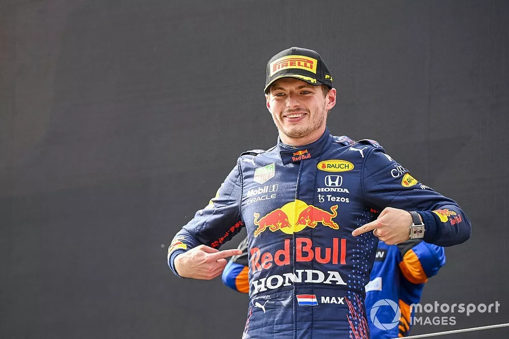 Max Verstappen, Red Bull Racing, 1st position, celebrates on the podium
