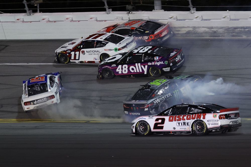 Last-lap crash, Daytona 500 (Denny Hamlin, Joe Gibbs Racing; Cole Custer, Haas Factory Team; Cody Ware, Rick Ware Racing; Ty Gibbs, Joe Gibbs Racing; Austin Cindric, Team Penske; Alex Bowman, Hendrick Motorsports)
