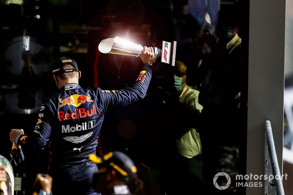 Max Verstappen, Red Bull Racing, 3rd position, leaves the podium with his trophy
