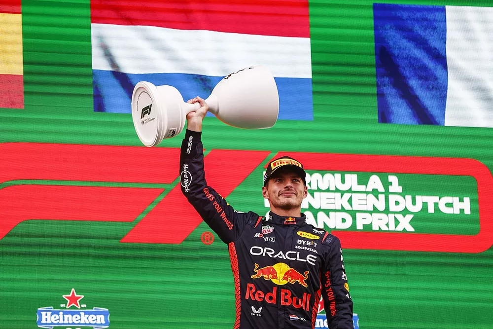 Max Verstappen, Red Bull Racing, 1st position, with his trophy