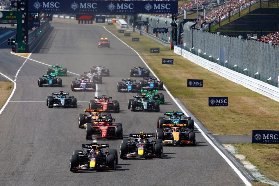 Max Verstappen, Red Bull Racing RB20 Sergio Perez, Red Bull Racing RB20, Lando Norris, McLaren MCL38, the rest of the field away