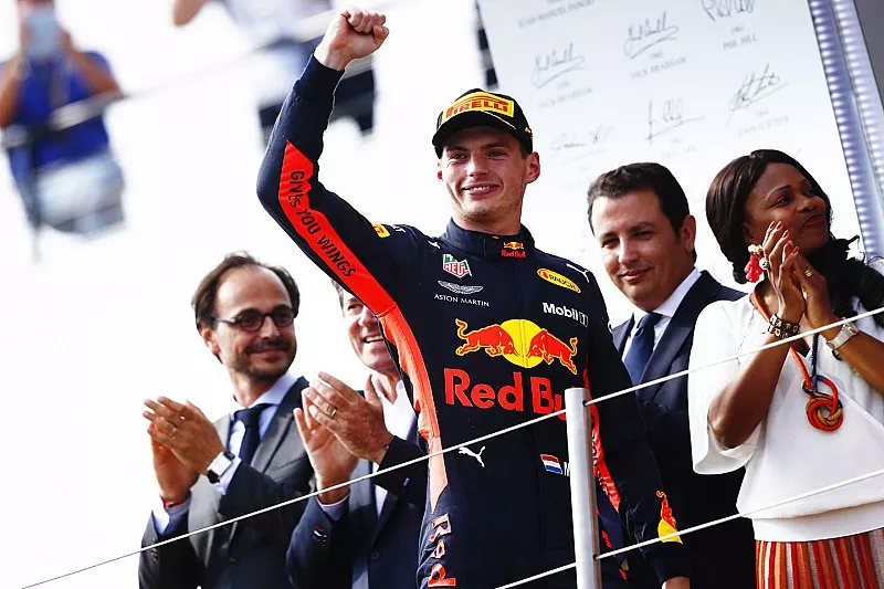 Max Verstappen, Red Bull Racing, celebrates on the podium
